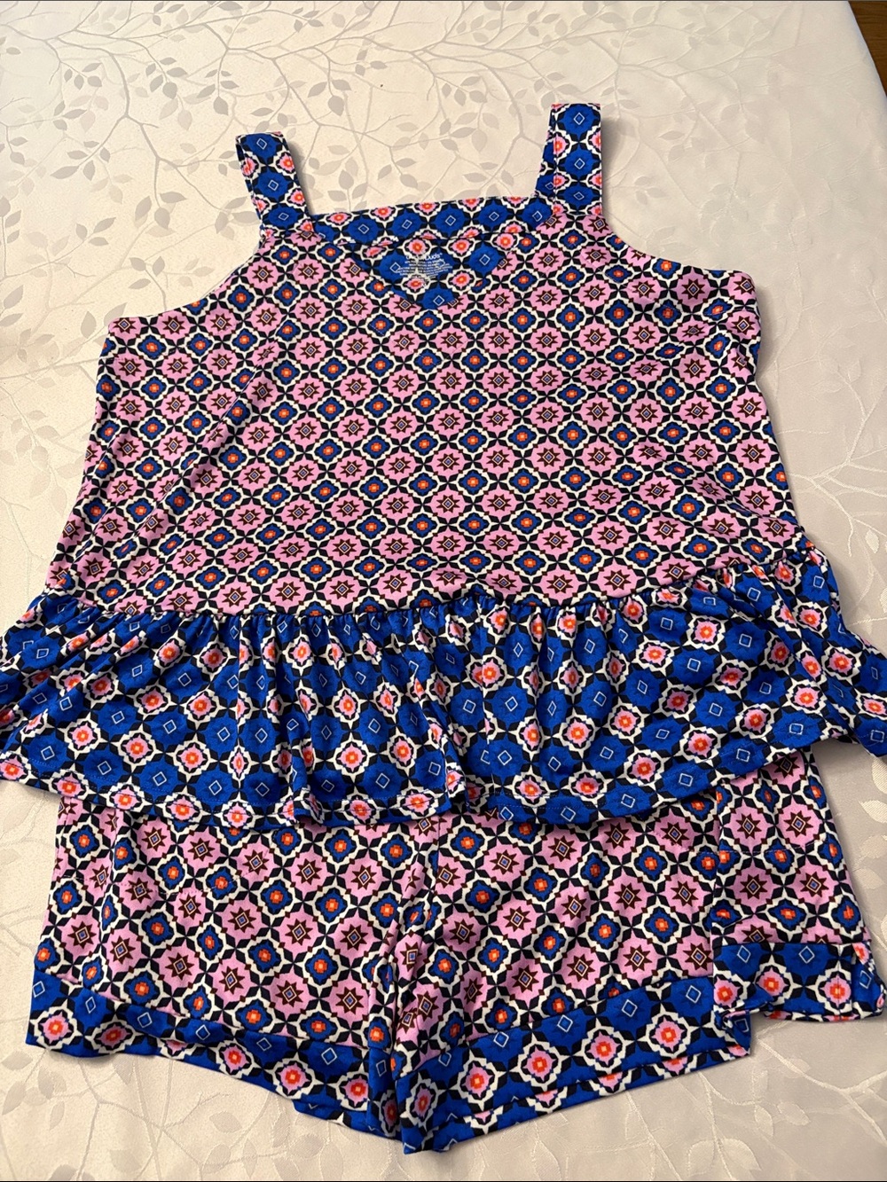 NEW LISTING Cuddl Duds Pink and Blue Printed Ruffle Tank Pajama Set